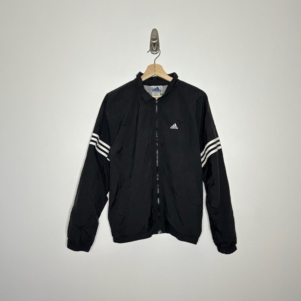 Vintage Adidas Three Stripe Full Zip Windbreaker Jacket Black Large